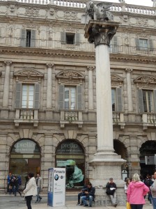 Piazza Erbe, a market square since Roman times. See Don at the base of the column with the Venetian lion at the top