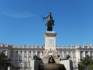 Philip IV (the king who built the Royal Palace), with the palace behind, from the Plaza de Oriente