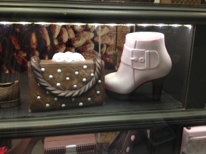 this is a chocolate shop, and the purse and boot are made from chocolate
